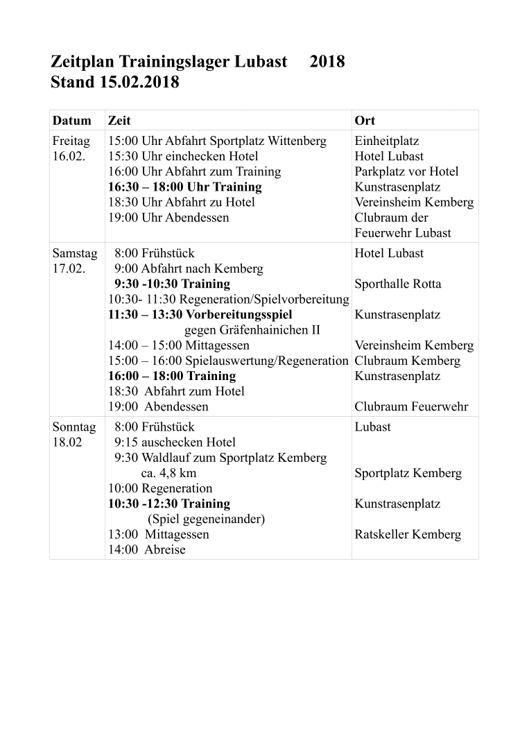 Trainingslager der 1. Männermannschaft - 16.02.-18.02.2018